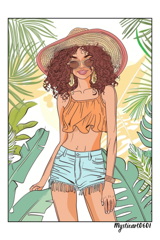 free summer fashion girl coloring, printable for summer fun. Download on Patreon, perfect for creative kids and adults.