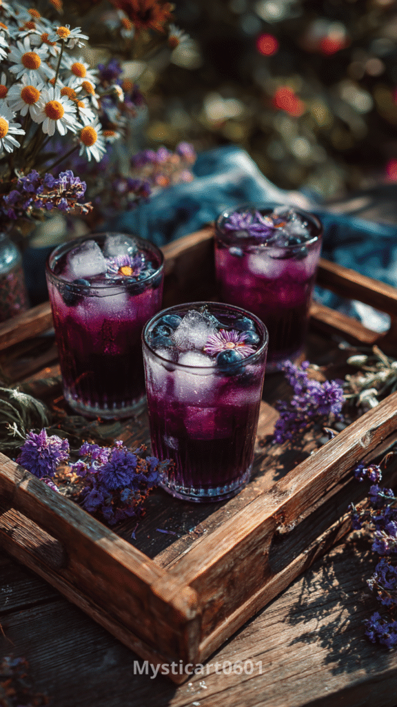 Blueberry lavender lemonade recipe – three glasses of floral and fruity lemonade with ice, garnished with lavender on a rustic wooden tray