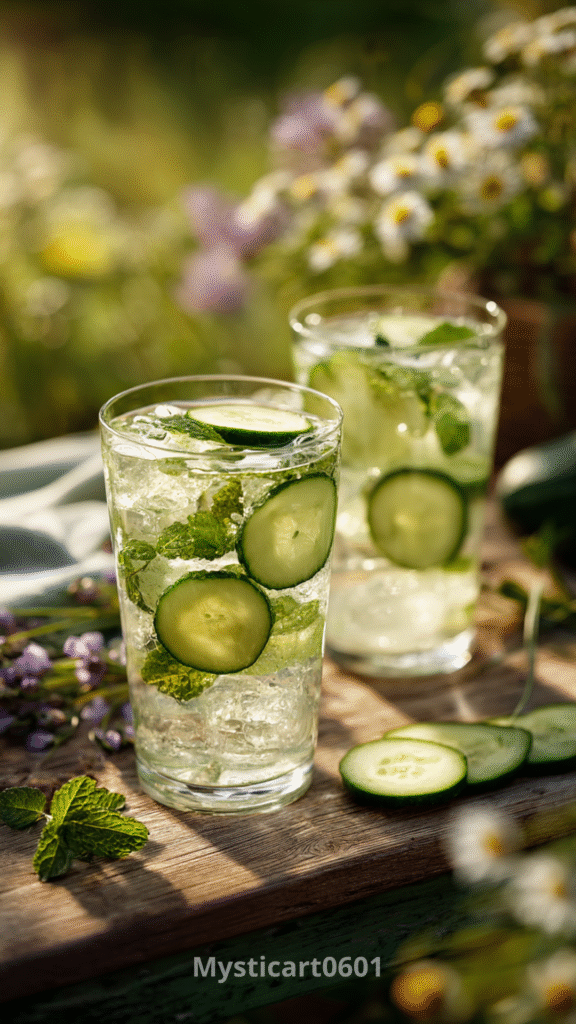 Refreshing cucumber mint lemonade served in a glass with ice cubes and fresh herbs, placed on a rustic wooden table in a blooming garden, perfect for a relaxing outdoor drink.