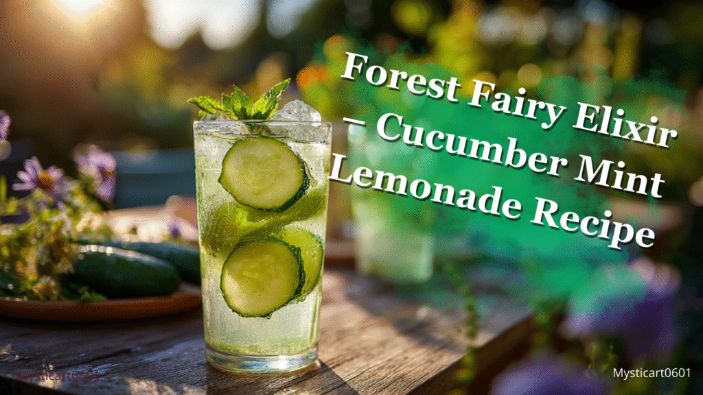 Forest Fairy Elixir – a tall glass of cucumber mint lemonade on a rustic garden table, surrounded by summer flowers and sunlight, text overlay on image.