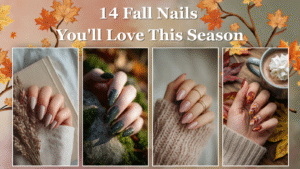 14 fall nail designs collage with seasonal nail art styles including burgundy, olive green, copper ombré, and minimalist beige nails