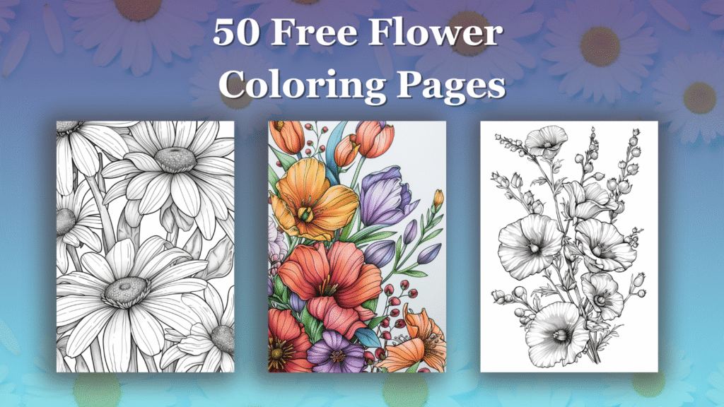 50 free flower coloring pages preview, featuring black and white floral illustrations and vibrant flower designs for creative fun.