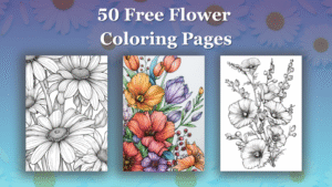 50 free flower coloring pages preview, featuring black and white floral illustrations and vibrant flower designs for creative fun.