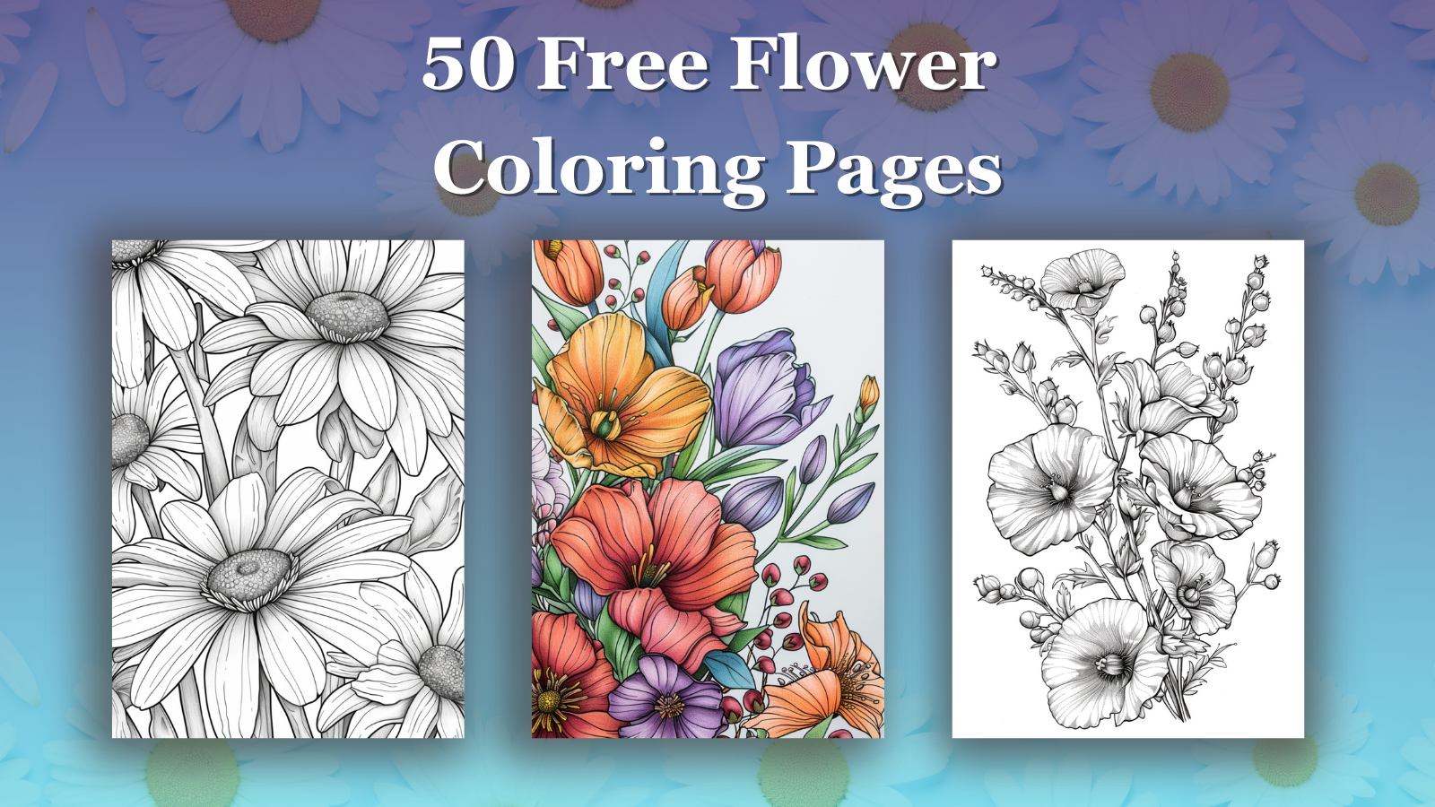 50 free flower coloring pages preview, featuring black and white floral illustrations and vibrant flower designs for creative fun.