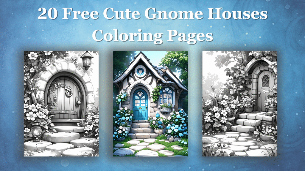 preview of 20 free cute gnome house coloring pages available for download