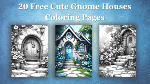 preview of 20 free cute gnome house coloring pages available for download