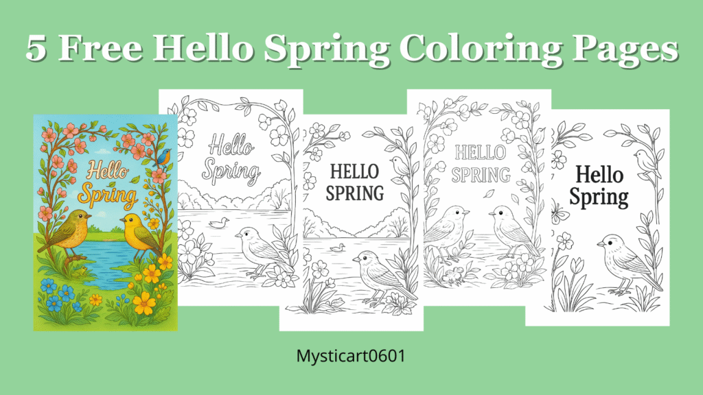 Spring coloring pages for kids – 5 free printable designs on a green background