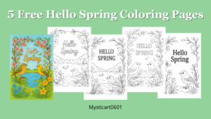 Spring coloring pages for kids – 5 free printable designs on a green background