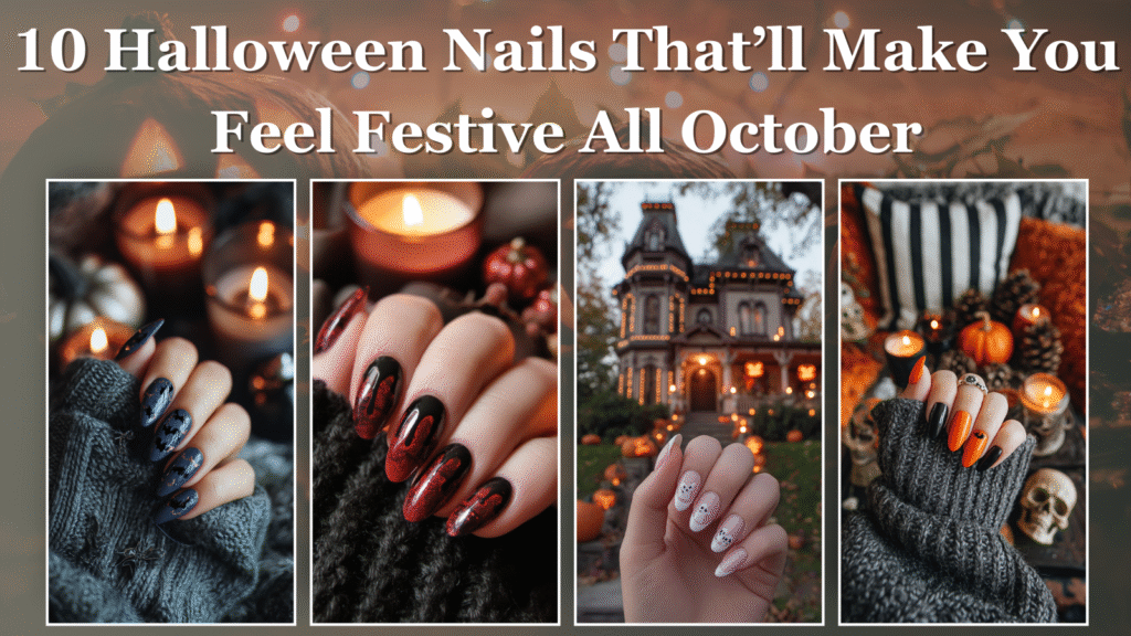 Elegant Halloween nails with subtle sparkle, dark red tones, and cozy candlelit background.