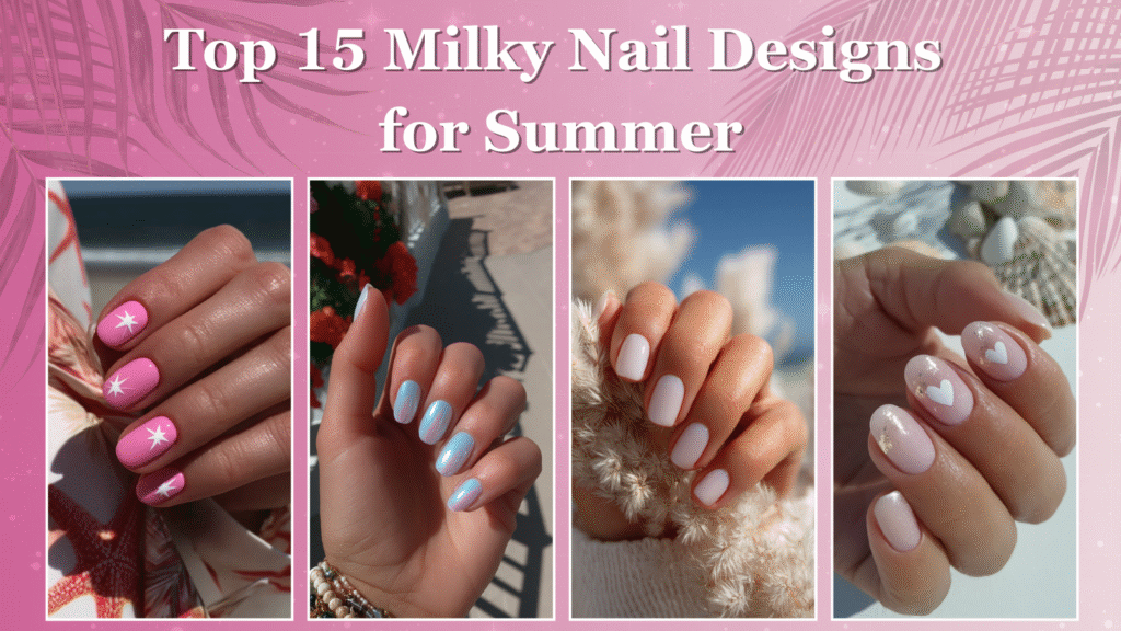 Milky nail designs for summer 2025 – collage preview image with three different styles