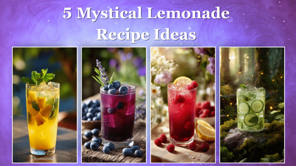 Cover image showing 5 mystical lemonade recipe ideas with colorful drinks like lavender, mint, and charcoal lemonade in a magical visual layout.