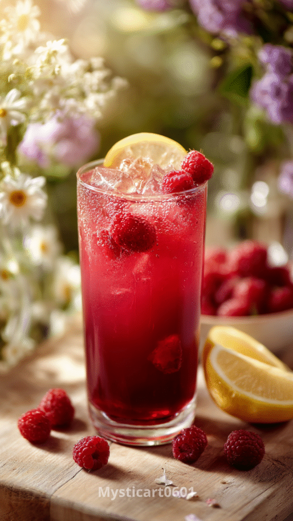Ruby Elixir raspberry vanilla lemonade served in a tall glass with ice and lemon slices – vibrant summer drink, perfect lemonade recipe photo