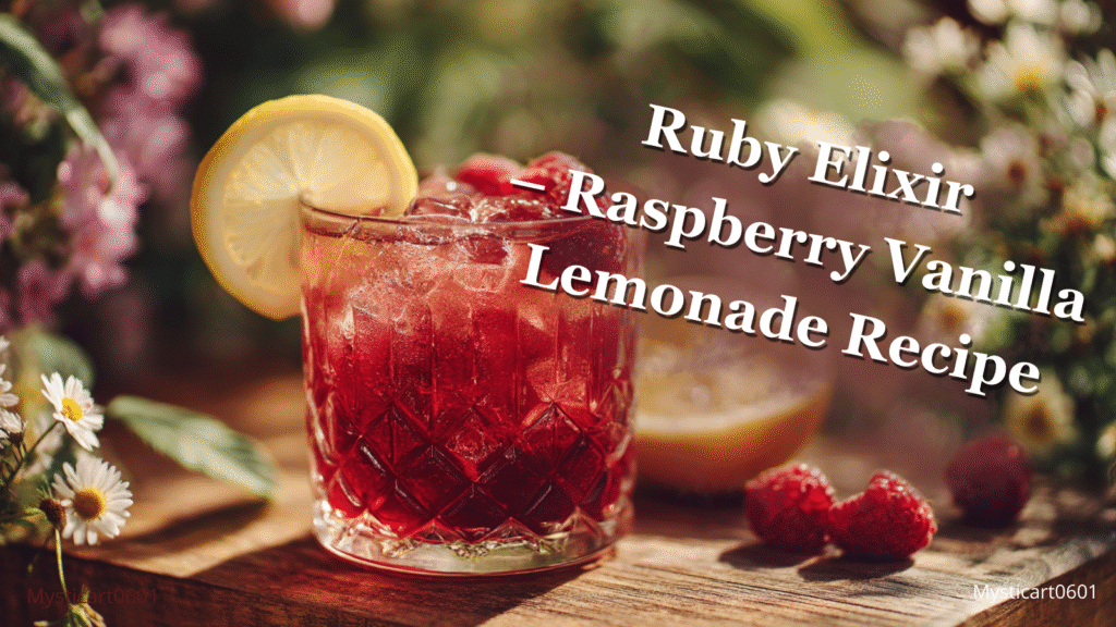Ruby raspberry vanilla lemonade recipe cover image with vibrant red drink, lemon slice, and summer berries on a rustic table
