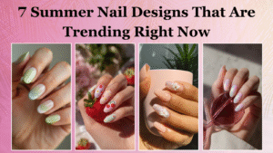 Colorful summer nails in pastel pink, blue, and green shades, oval shape, holding a strawberry