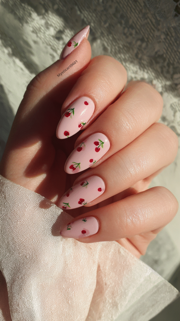 Cherry-themed summer manicure on a soft pink base with red fruit and green stems, worn with a light summer dress in sunlight