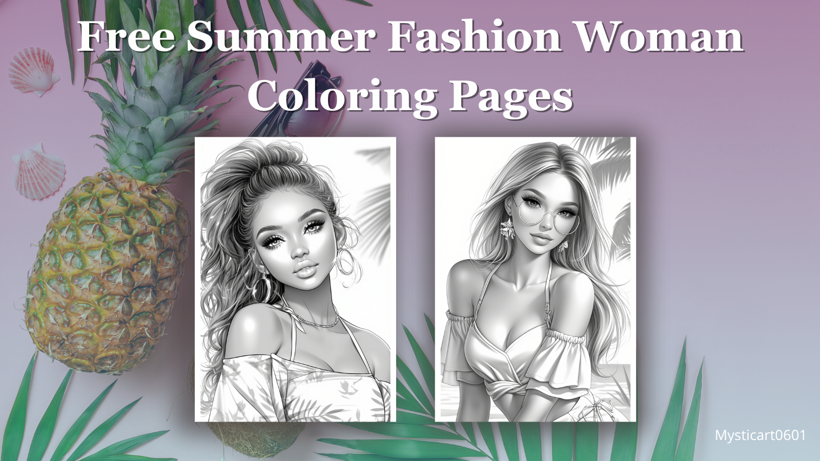 Free summer fashion woman coloring pages showing stylish summer outfits for creative coloring fun.