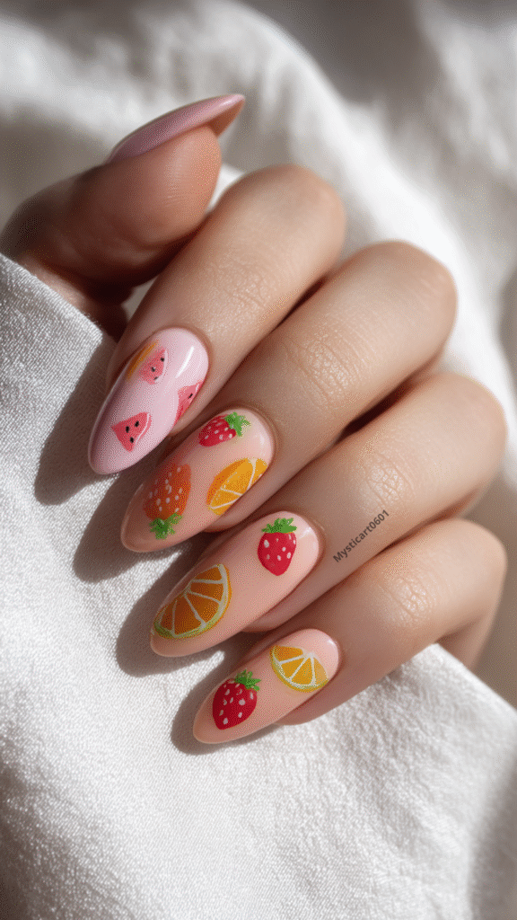 Realistic fruit-themed summer nail art with tiny strawberries, oranges, and watermelons on a woman's hand – stock photo style image