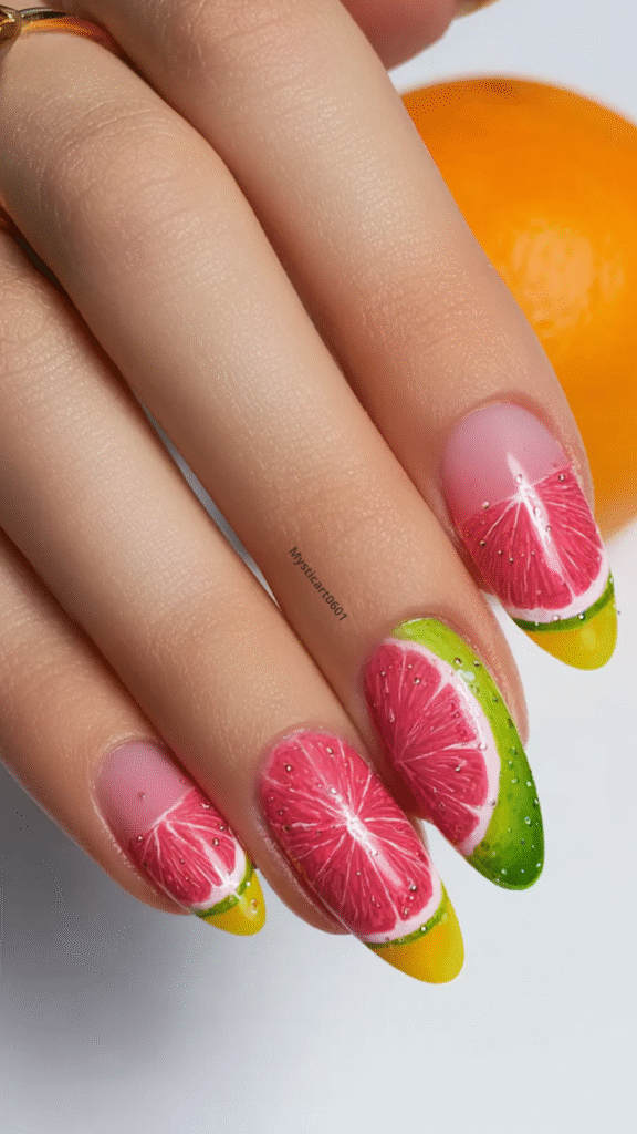Realistic grapefruit slice nail design with glossy pink citrus art and green-yellow French tips – fruity summer nail inspiration
