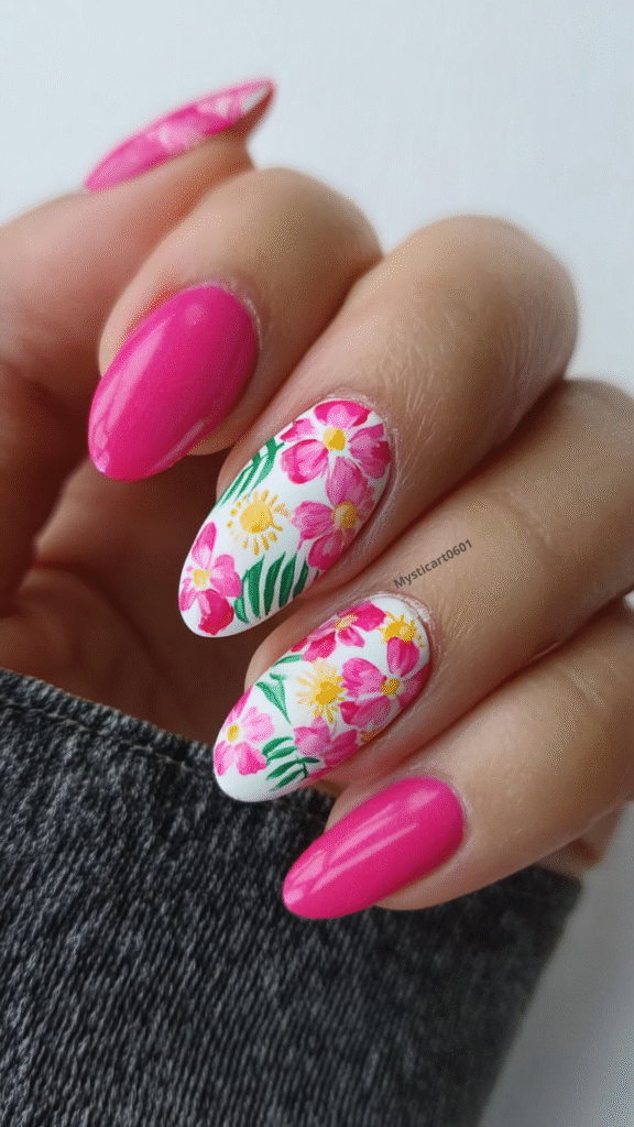 Pink summer nails with white accent nails featuring tropical flowers, sun details, and green leaves – hand-painted beach nail art