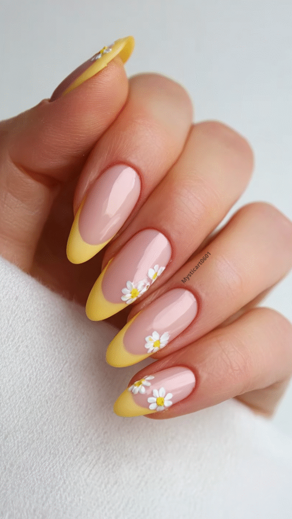 Yellow summer nails with French tips and tiny white daisy flowers on a pastel base – cute and fresh manicure design for sunny days